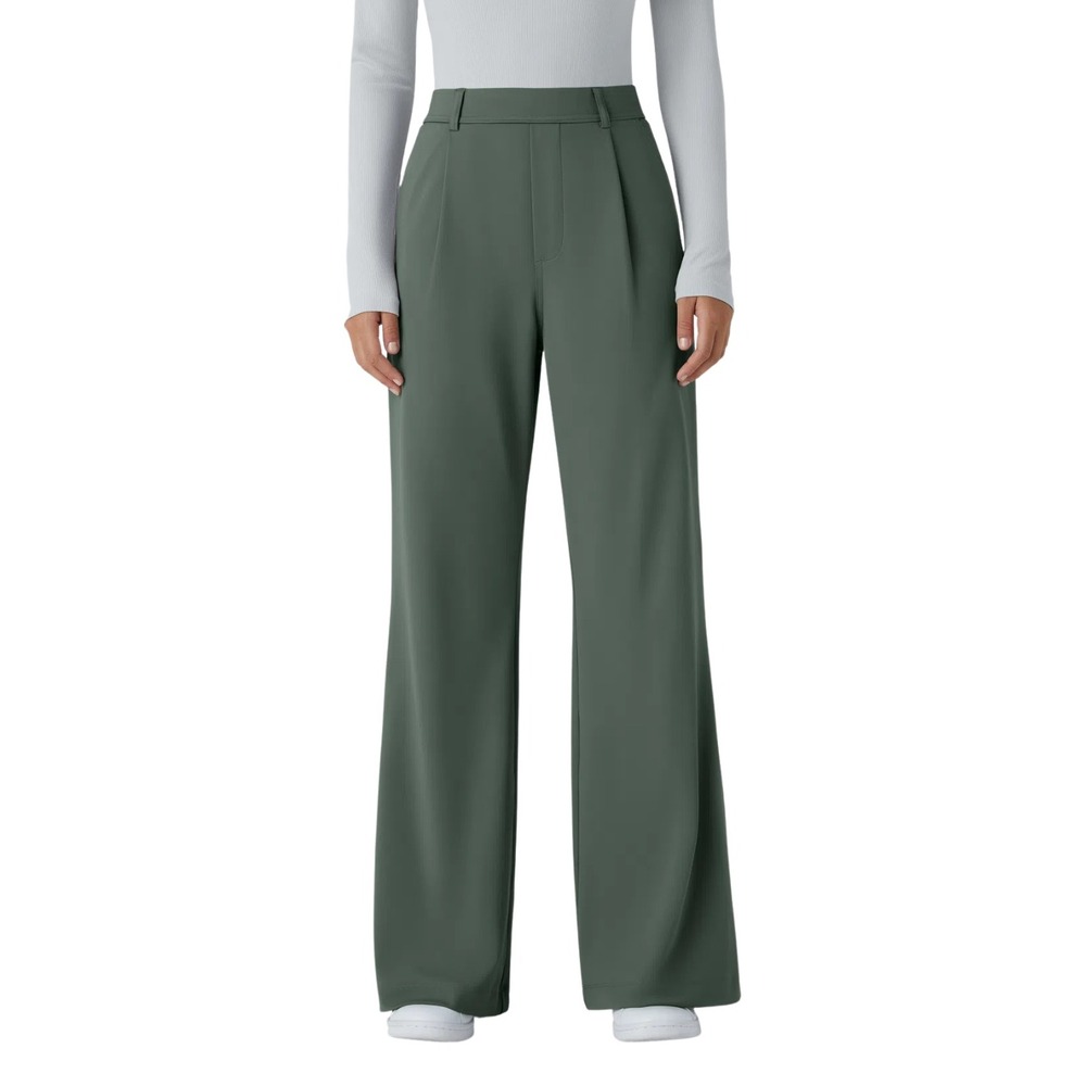 Halara Pants Large Green High Waisted Wide Leg Pleated Trousers Preppy Stretch